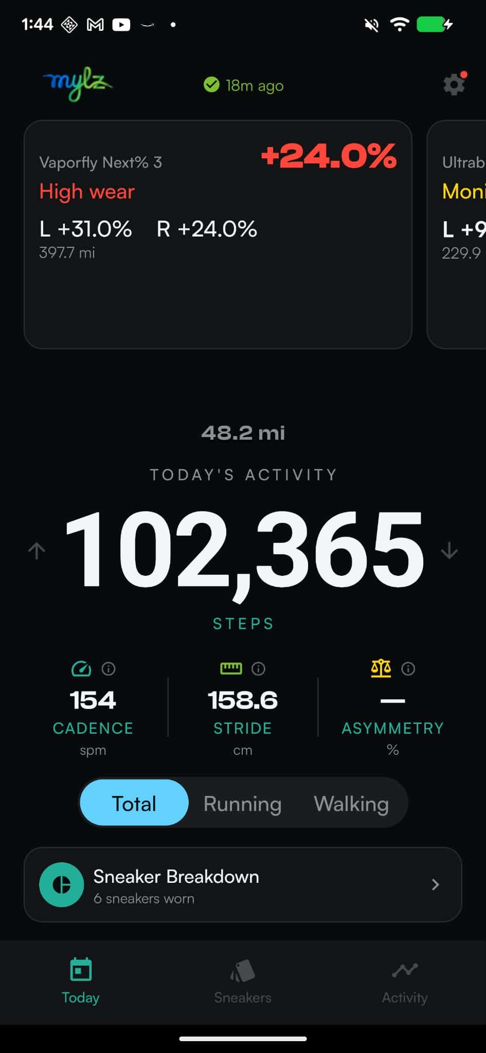 The mylz app today view: 102,365 steps, cadence 154 spm, stride 158.6 cm, and a high-wear alert on a Vaporfly Next% 3